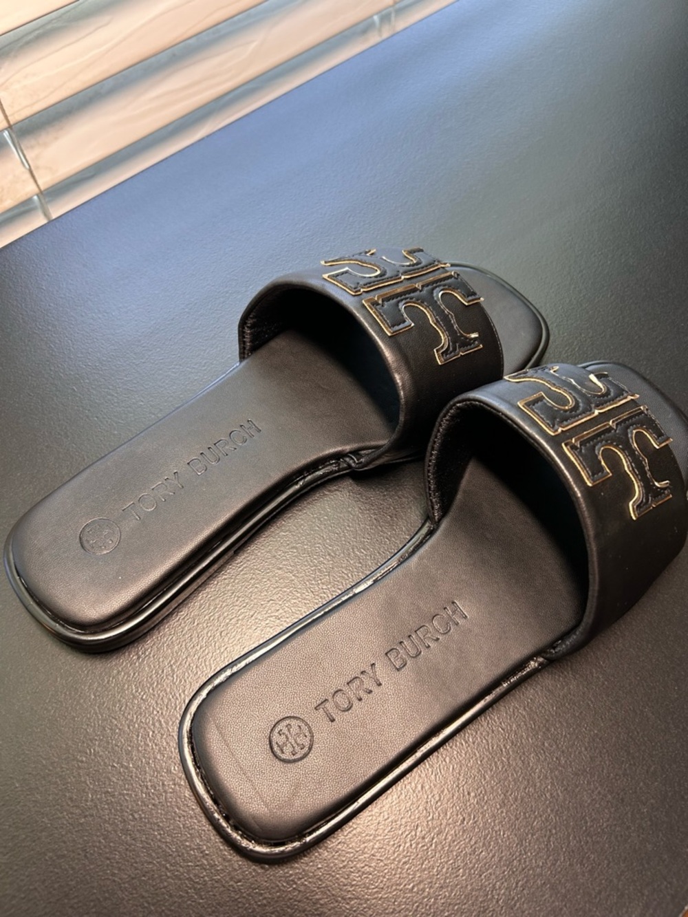 Tory Burch Black Leather DOUBLE T SPORT SLIDE Sandals with Gold Trim Logo 7.5 - Picture 3 of 8